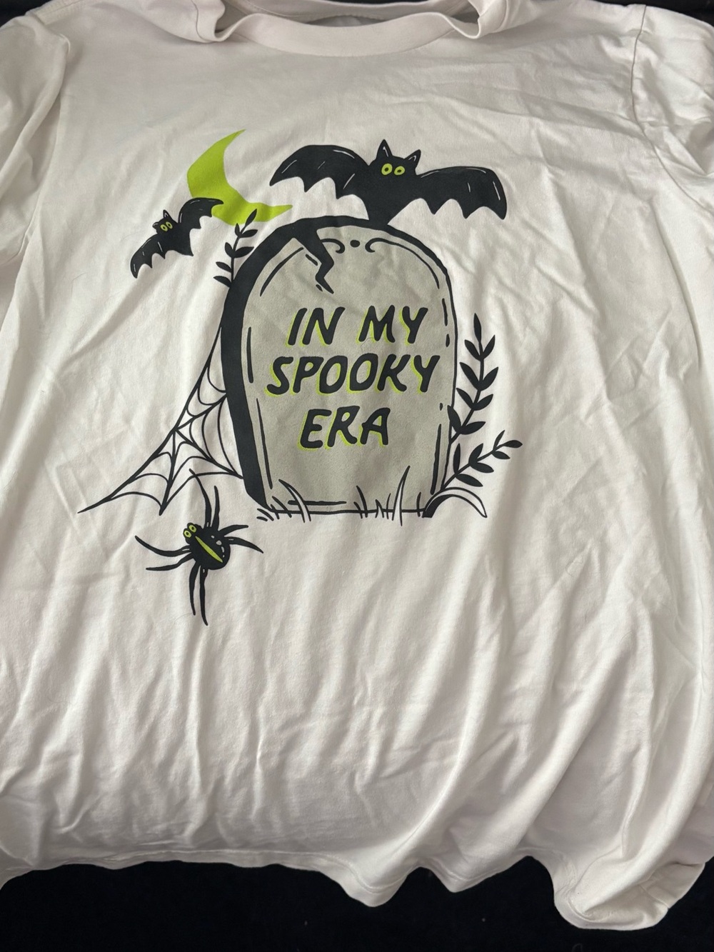 Old Navy White Graphic Tee with Neon Green & Black Halloween Design